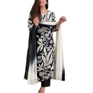 Women’s Cotton Blend Printed Straight Kurta with Pant & Dupatta