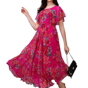 Women's Georgette Floral Digital Print Full Length Fit & Flare Long Gown Dress